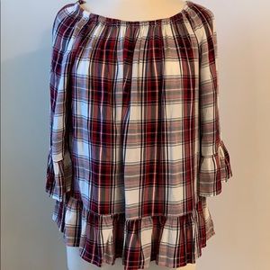 Plaid ruffle trim 3/4 sleeve flowy top